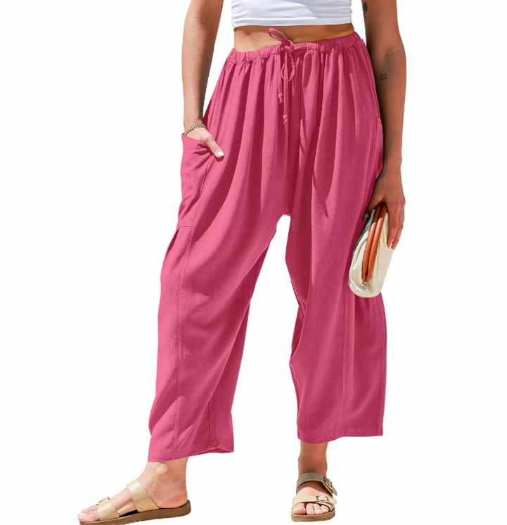 Women's Linen Casual Loose Fit Beach Palazzo Harem Trousers with Pockets
