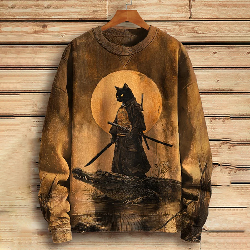 Men's Samurai Cat And Crocodile Surreal Art Print Casual Sweatshirt