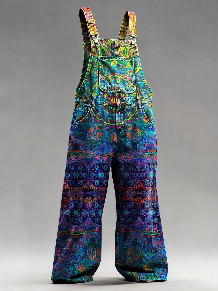 Men's Casual Retro Multicolor Hippie Mandala Art Prints Denim Overalls