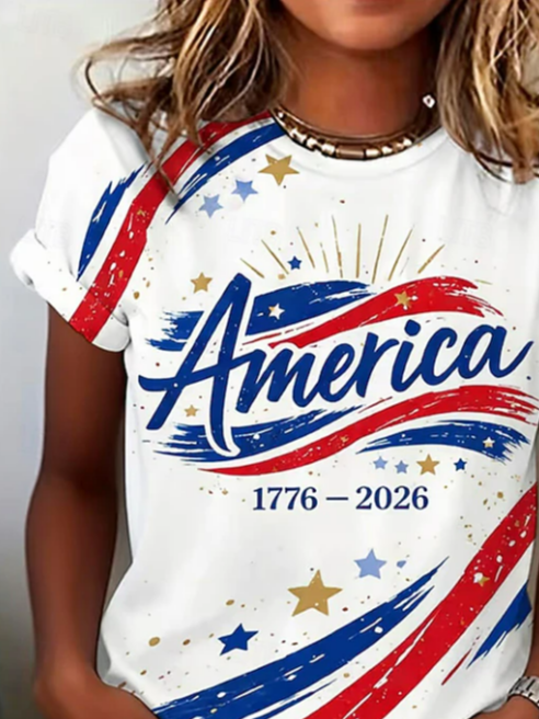 Women's Short Sleeve T-shirt Summer White Independence Day (Flag) Printing Jersey Crew Neck Daily Going Out Casual Top