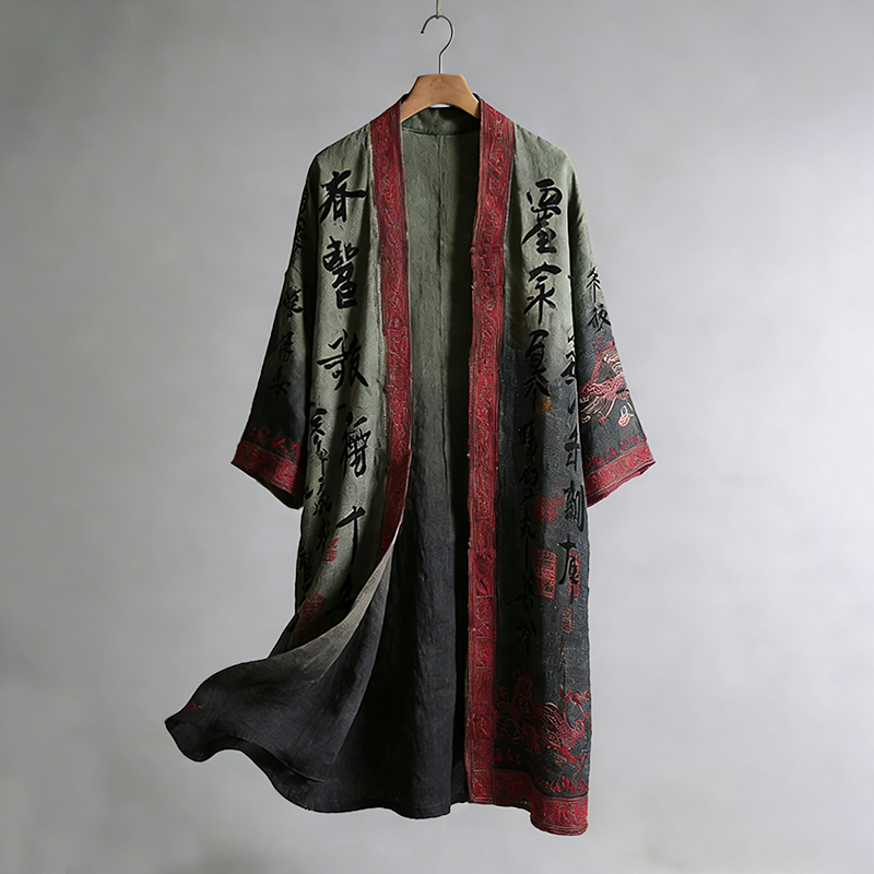 Men's Retro Calligraphy And Painting Art Linen Long Kimono