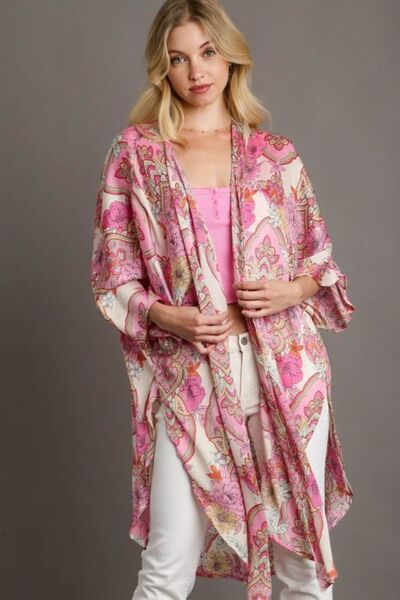 Mixed Print Open Front Kimono with Ruffle Sleeves