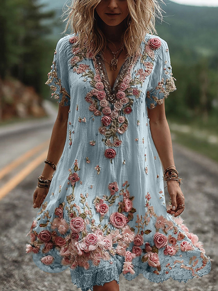 Vintage Floral Embroidery Short-sleeved Dress