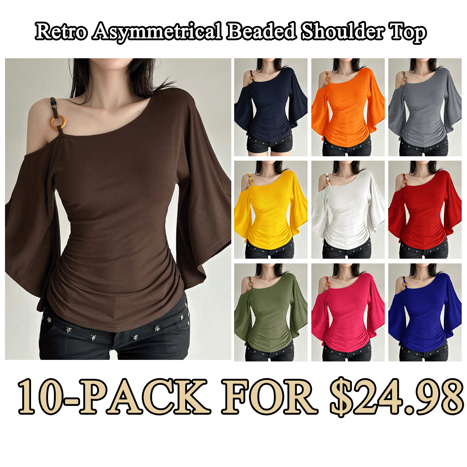 Women’s Retro Asymmetrical Beaded Shoulder Top – Slim Fit Flounce Sleeve Blouse