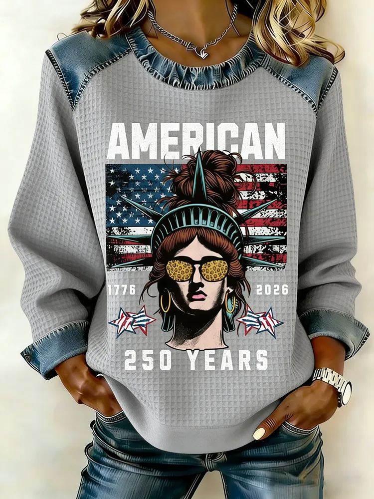 1776-2026 Patriotic American 250 Years Statue Of Liberty Waffle Knit Top