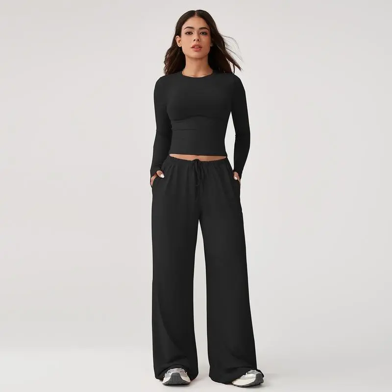 Women’s 2-Piece Activewear Set, Long Sleeve Crop Top & Wide-Leg Pants