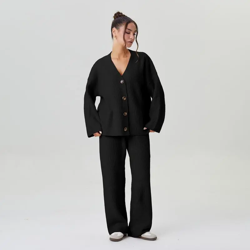 Women’s Cozy Two-Piece Set – V-Neck Cardigan & Stretch Trousers