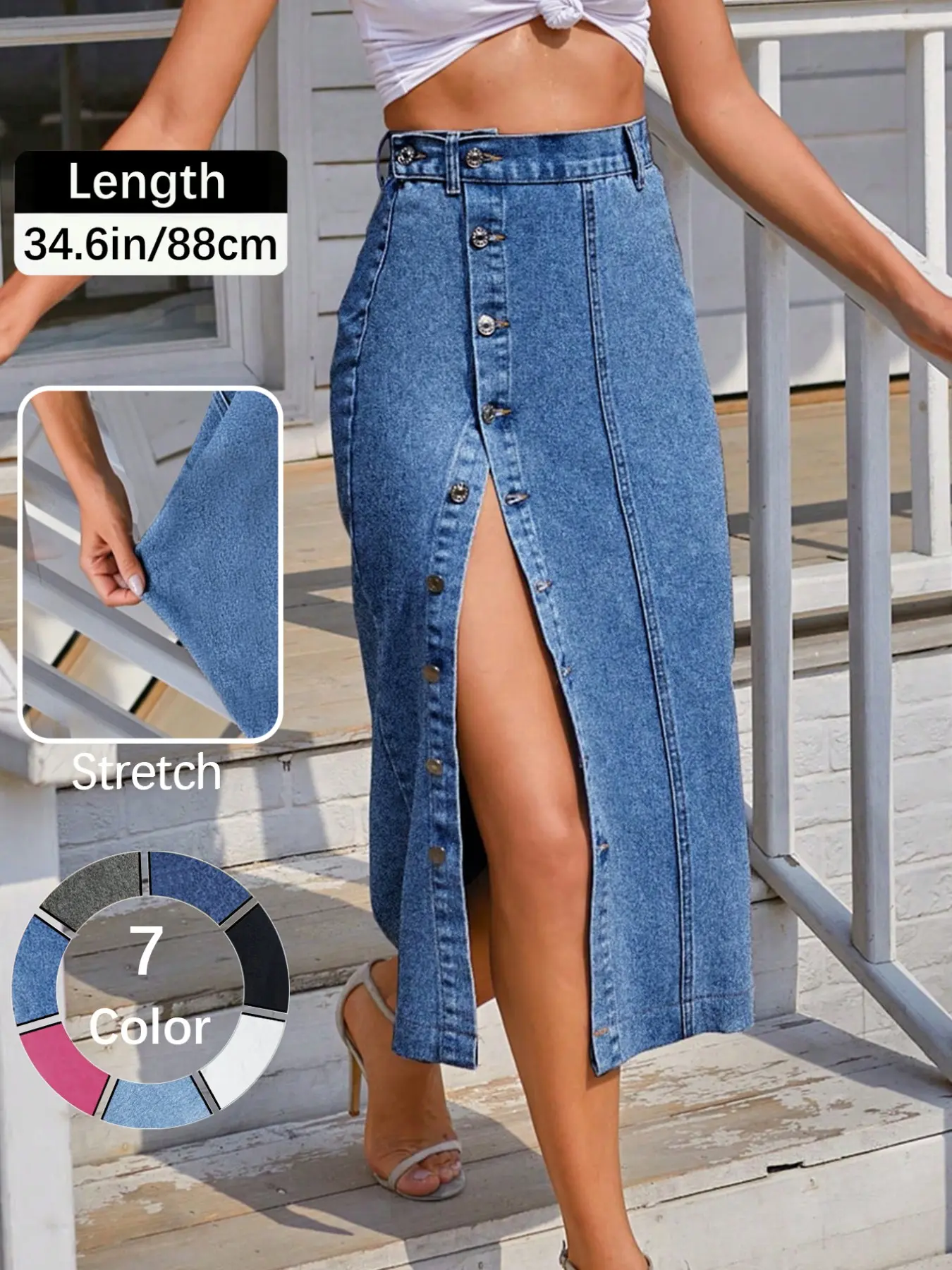 Women's  Button Front Light Wash Denim Split Hem Skirt