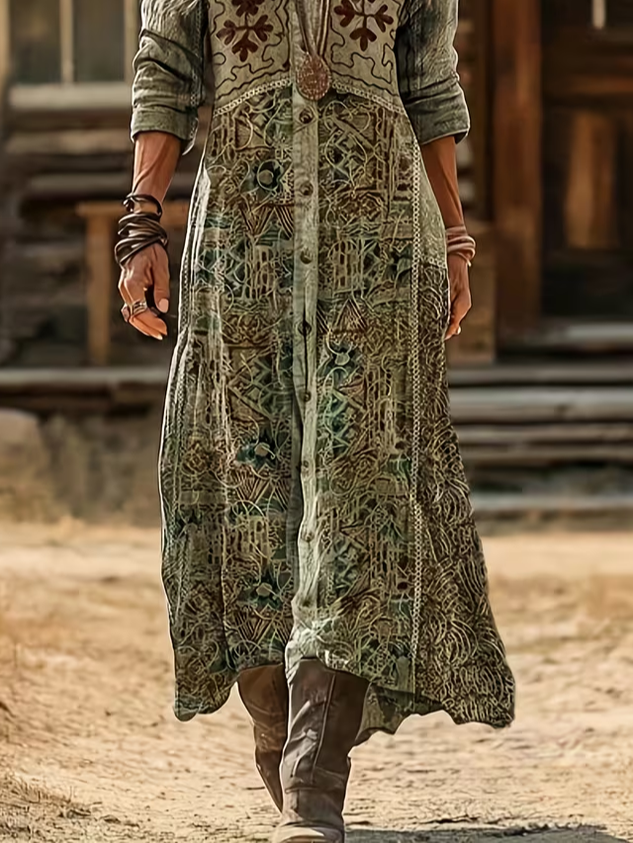 Women's Long Sleeve Spring/Fall As Picture Abstract Printing V Neck Daily Going Out Vintage Maxi H-Line Dress