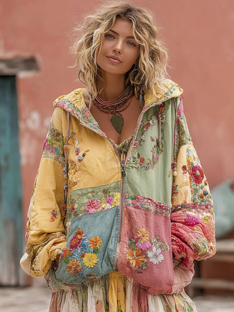 Women's Flower Embroidery Macaroon Color Patchwork Art Casual Zipper Hoodie