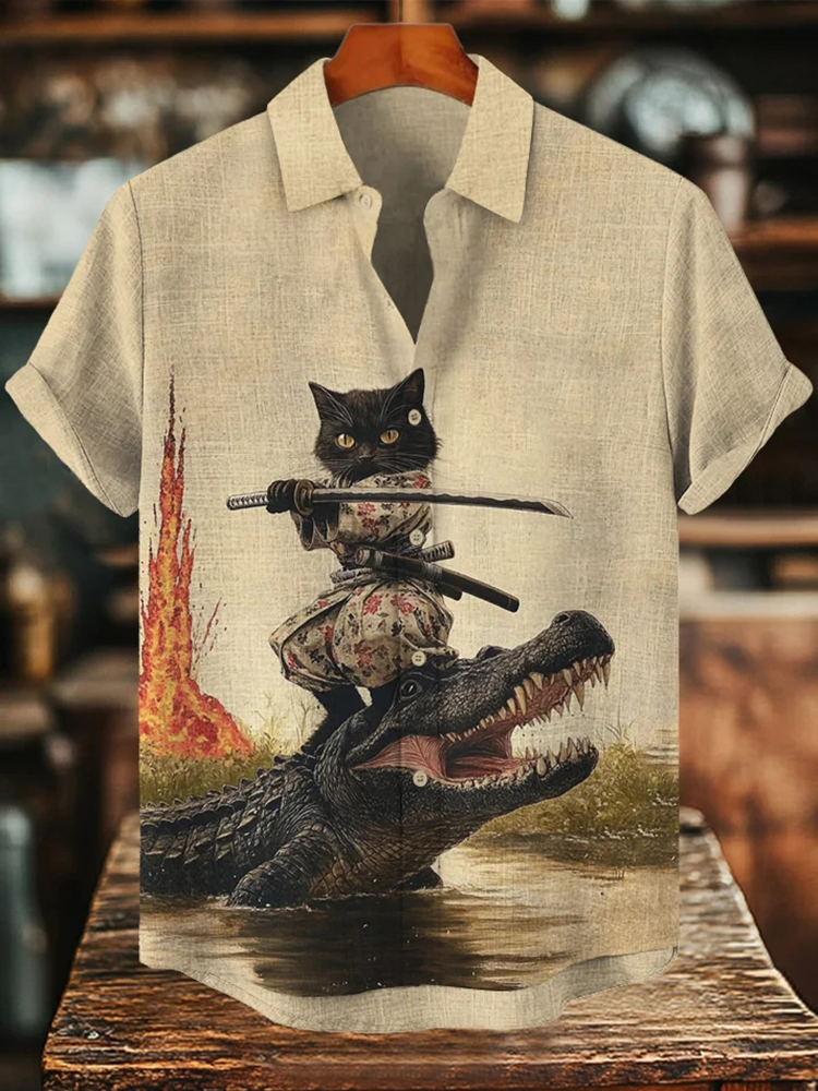 Men's Crocodile And Cat Samurai Print Short Sleeve Shirt