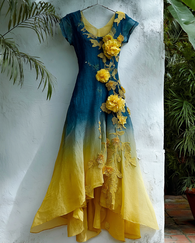 Women's Elegant Gradient Flowers Irregular Ruffle Linen Dress 4412