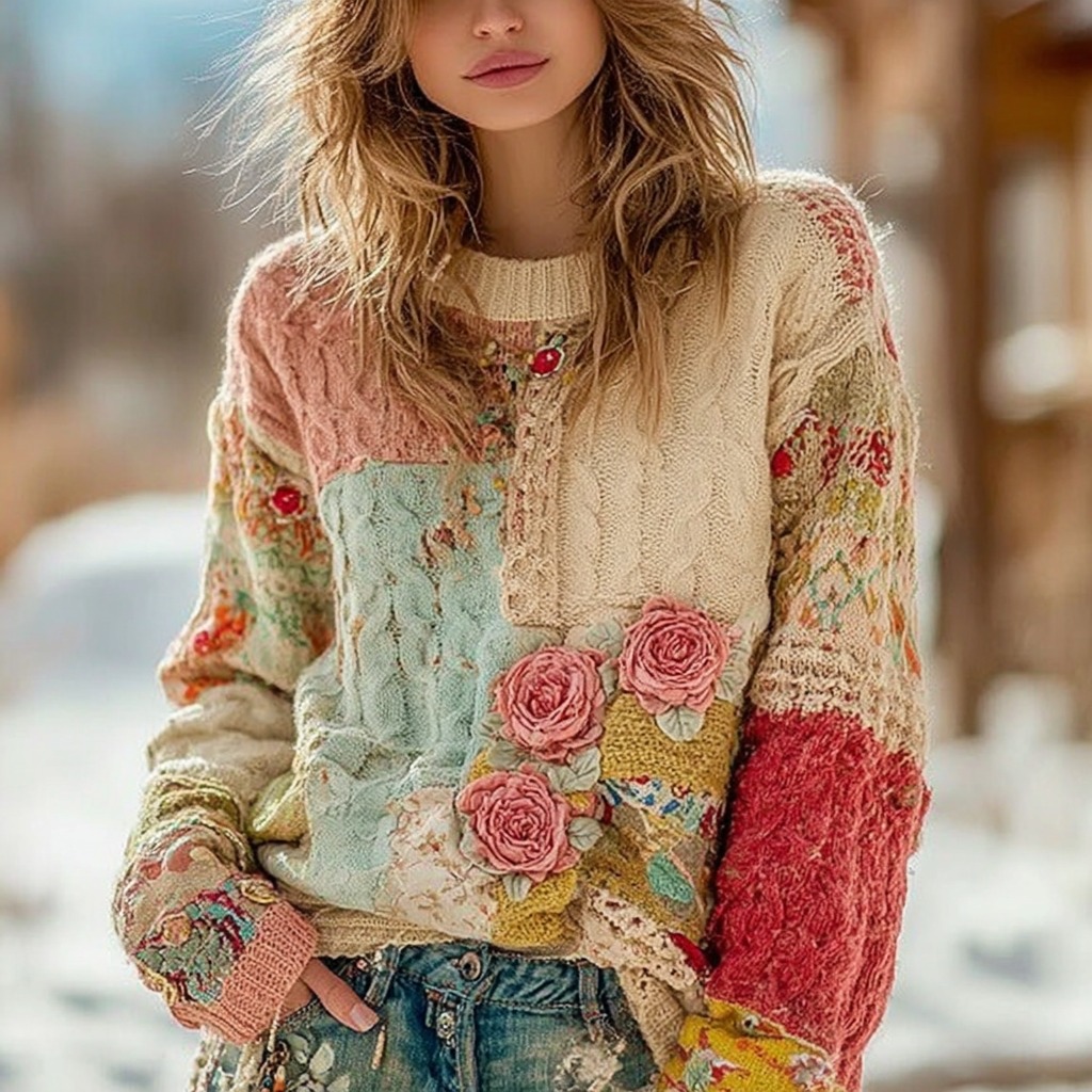 Women's Vintage Chunky Needle Rose Floral Stitching Warm Crew Neck Sweater