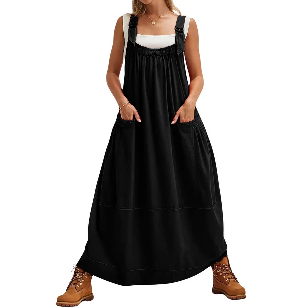 Women's Sleeveless Strappy Barrel Midi Dress with Pockets & Adjustable Straps