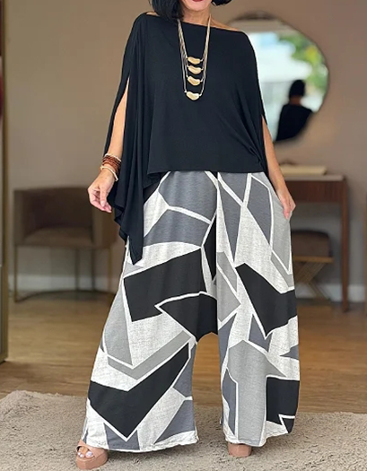 Women's Casual Solid Top & Printed Pants Set – Effortless Everyday Style