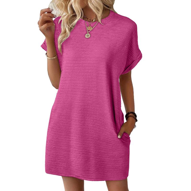 Women’s Casual Mini Dress – Lightweight Stretchy Short Sleeve Crewneck Dress for Summer & Beach Outfits