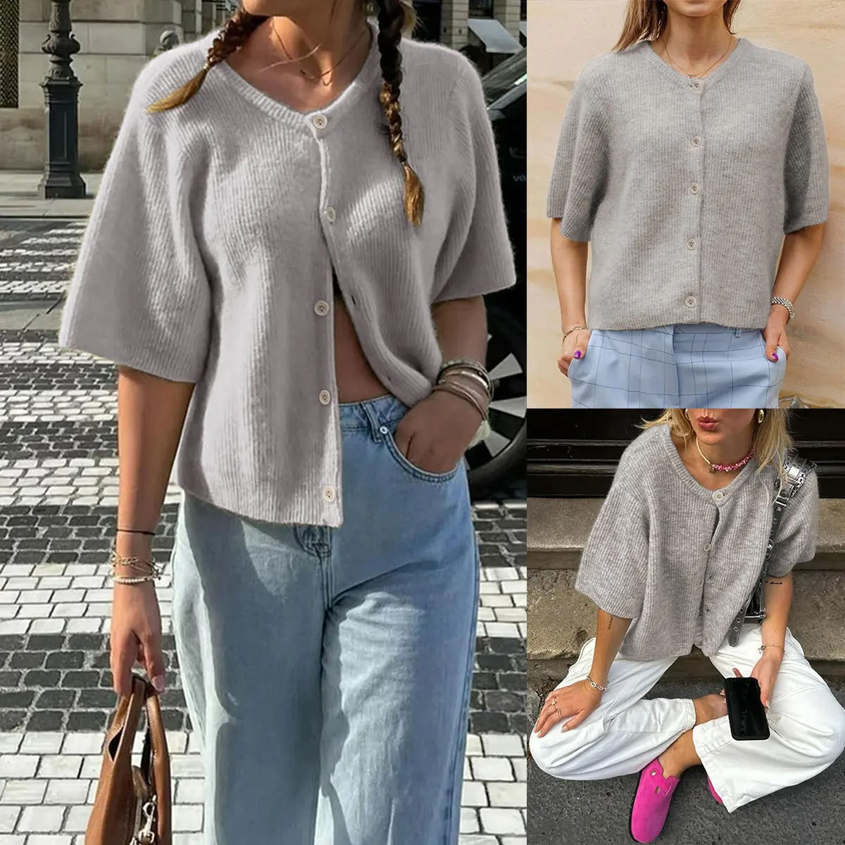 Women's Lightweight Short Sleeve Cardigan Soft Ribbed Knit Button Down Layering Top