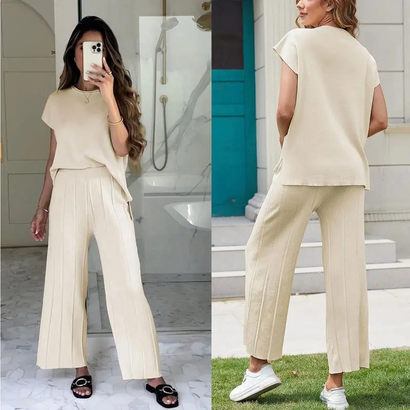 Women's Knit Pullover Tops High Waisted Pants Set
