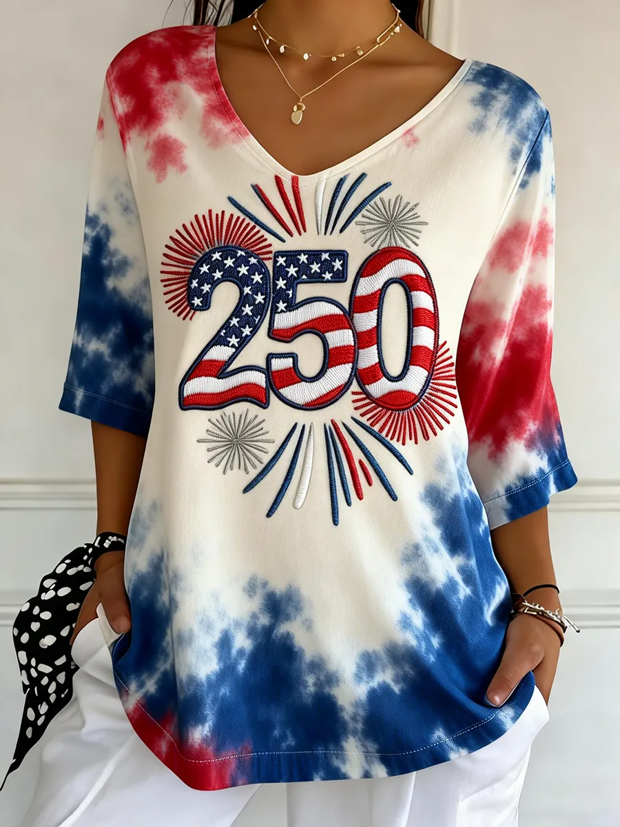 USA 250Th Anniversary Fireworks Embroidered Tie Dye V-Neck Top