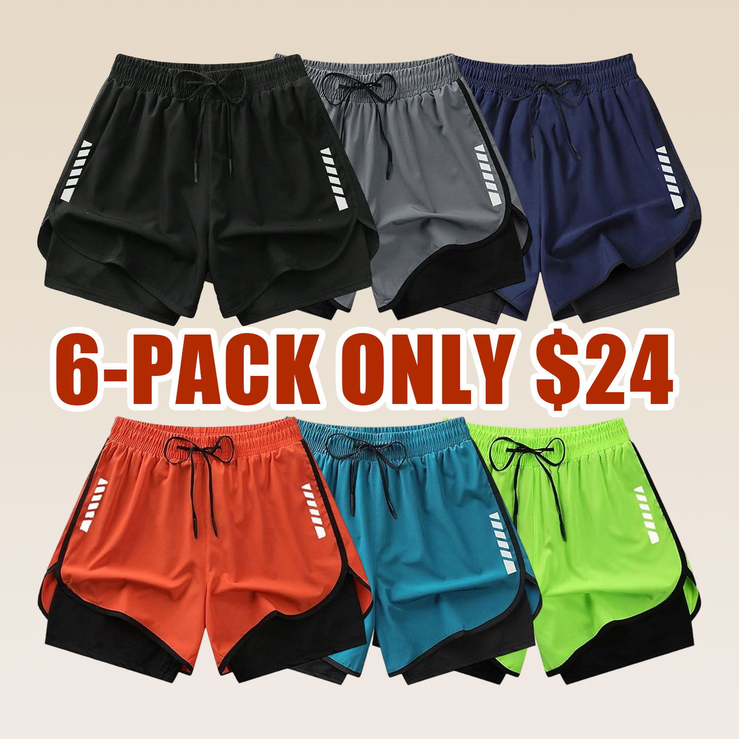 Women’s 6-Pack Summer Lightweight Quick-Dry Double-Layer Athletic Shorts
