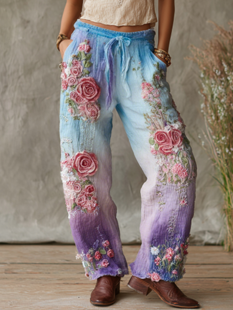 Love & Health Collection Retro Western Women Style Vintage Rose And Floral Patchwork Art Linen Pants