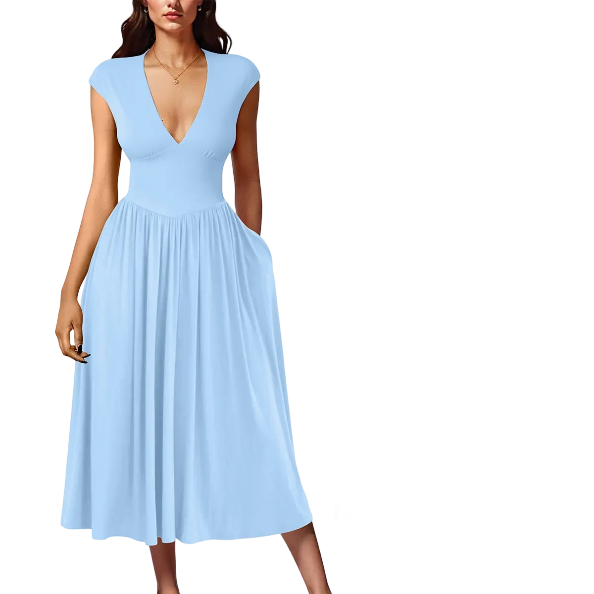 Women's Summer Deep V-Neck Cap Sleeve Pleated A‑Line Midi Dress with Pockets