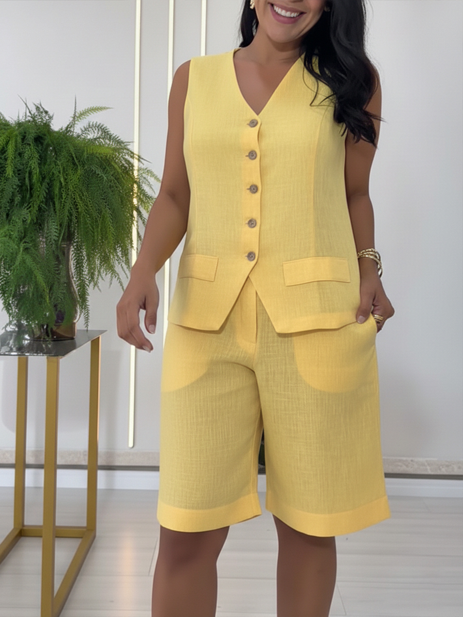 Casual Linen And Cotton Vest And Bermuda Shorts Two-piece Set