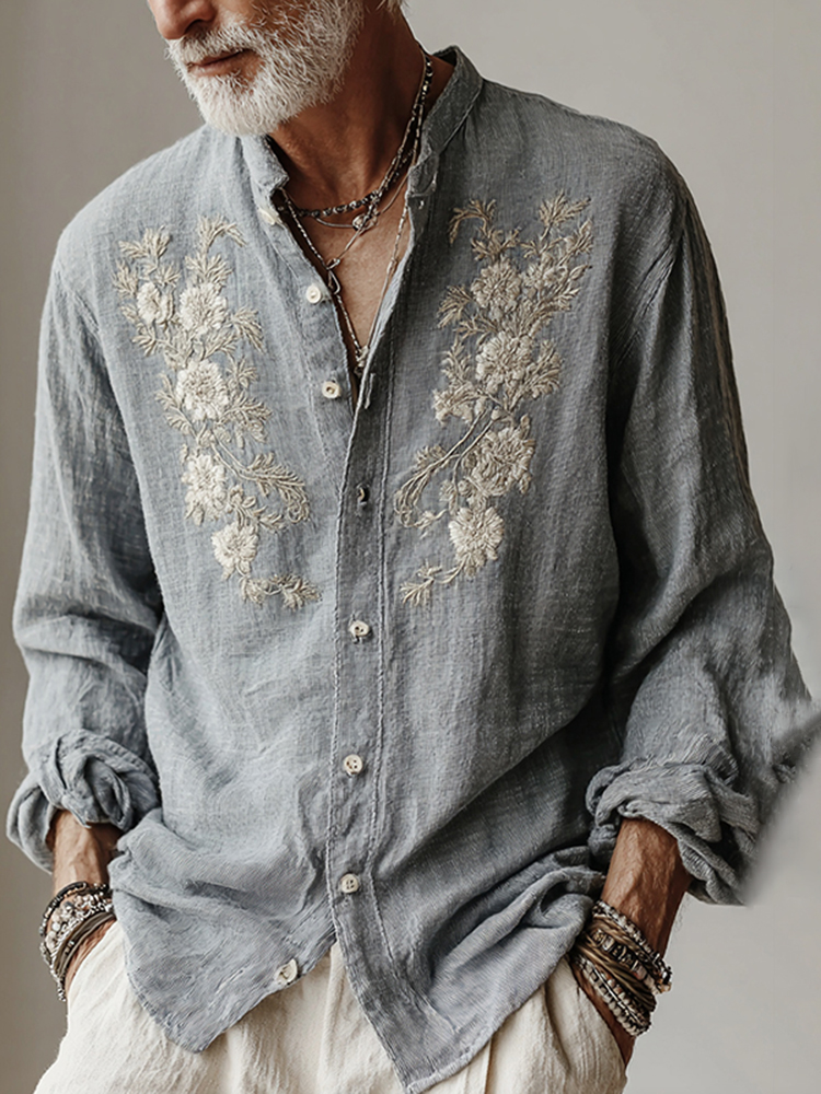 Men's Japanese Floral Art Print Casual Button Shirt