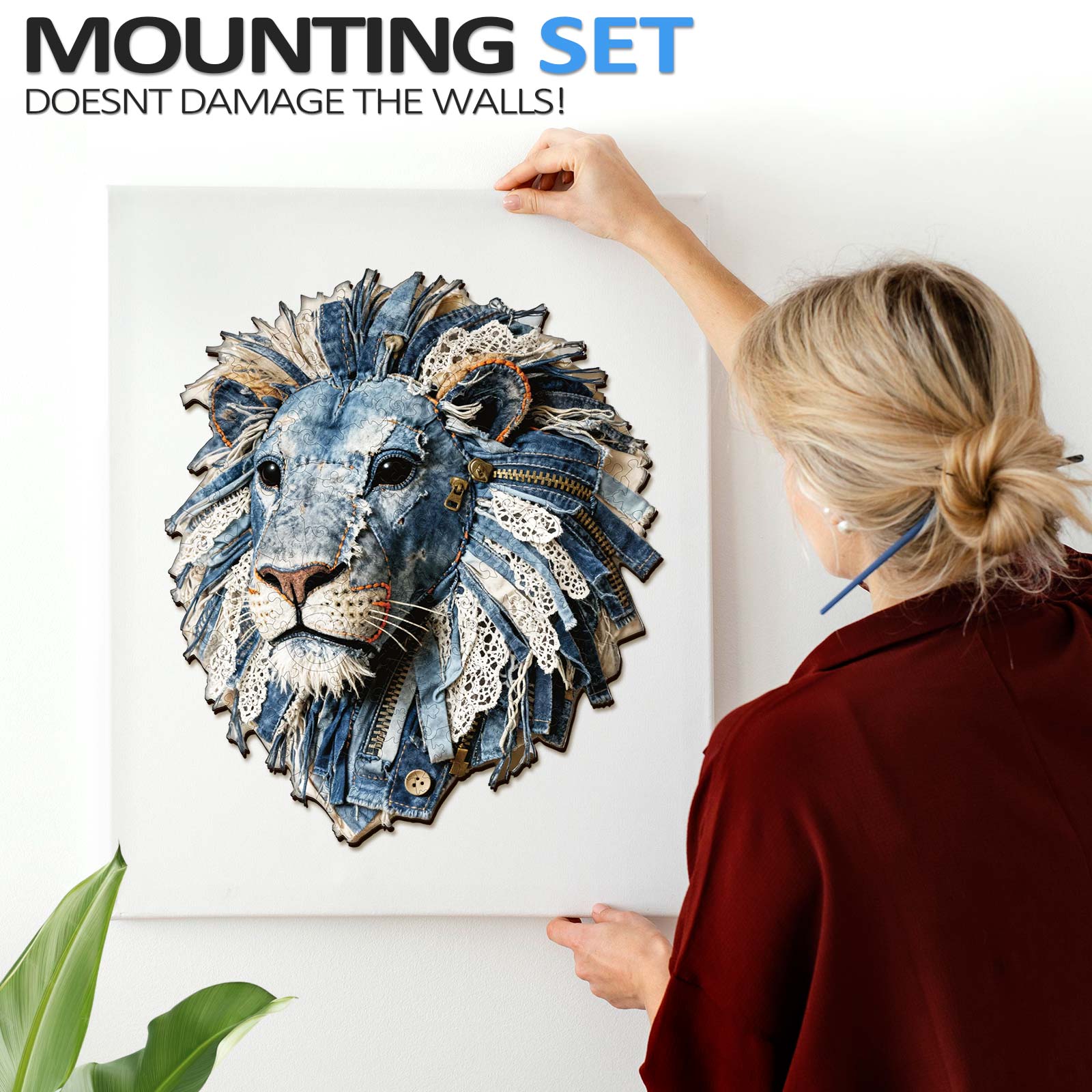 Denim Fabric Lion Wooden Jigsaw Puzzle