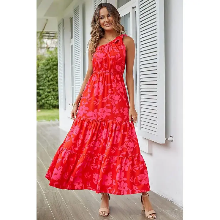 PrettyGarden Boho Chic Floral Maxi Dress - One Shoulder, Ruffle, Sleeveless, Flowing Summer Beach Wedding Guest Dress- Womenswear