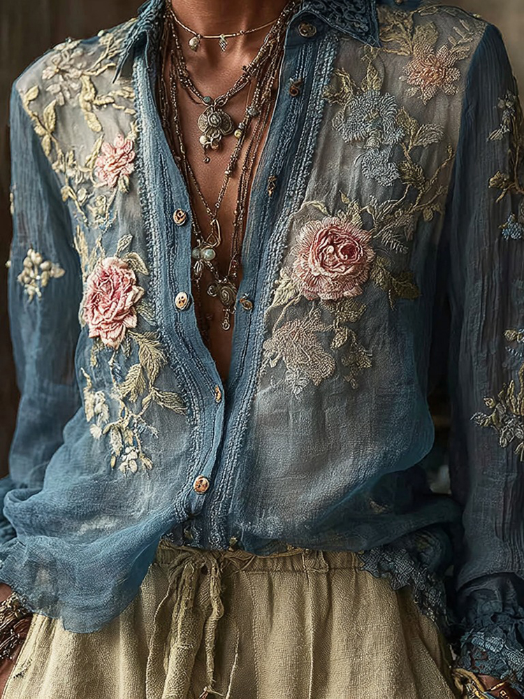 Women's Vintage Bohemian Floral Pattern Linen Long Sleeve Shirt