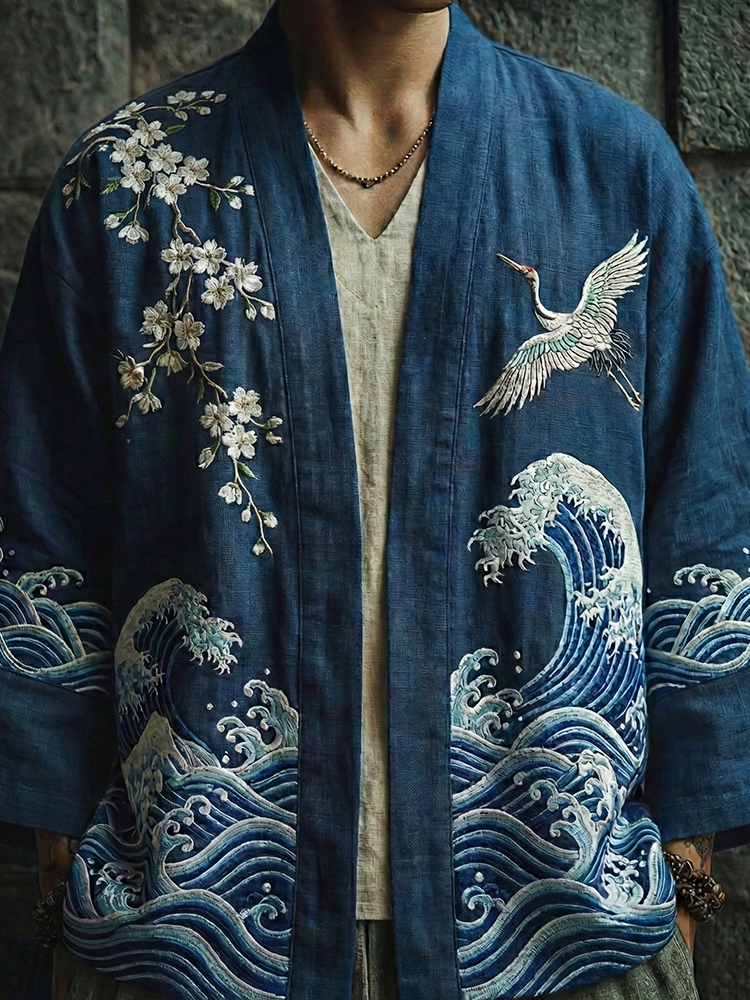 Japanese Cranes And Ocean Waves Art Linen Kimono Cardigan