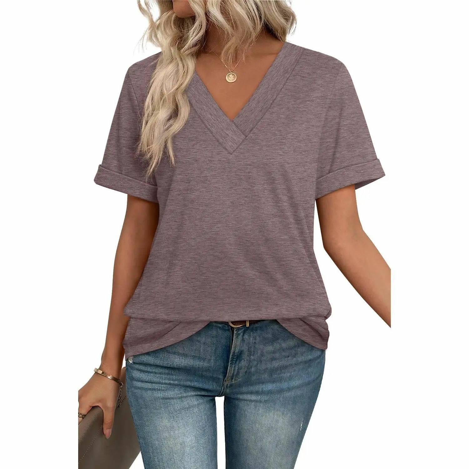 Womens Summer Tops Short Sleeve Basic Casual V Neck T Shirts Trendy Fashion 2026