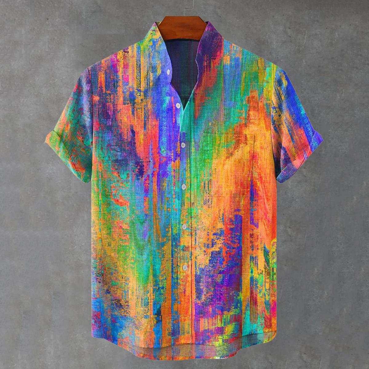 Vintage Rainbow Mottled Art Cat Print Casual Cotton Shirt