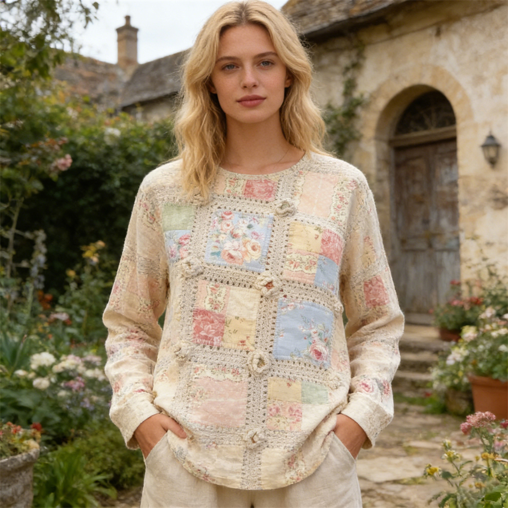 Boho Floral Vintage Patchwork Pattern Women's Linen Long Sleeve Shirt