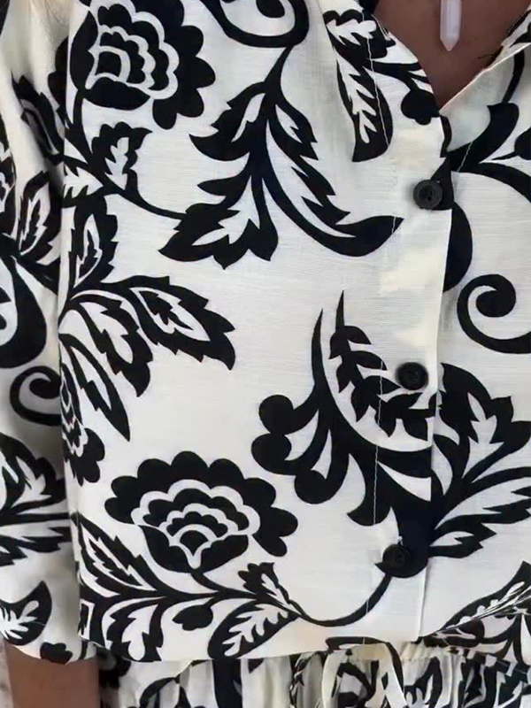 Women's Fashion Two Piece Printed Lapel Button-Down Shirt and Wide-Leg Pants Set