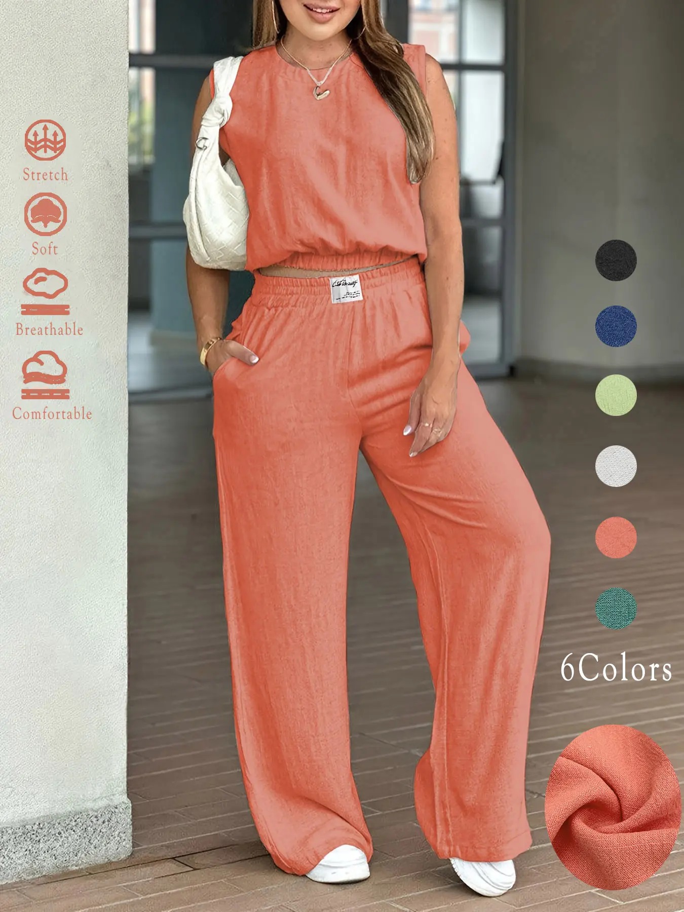 Women's Summer 2-Piece Outfit - Solid Color Tank Top & Wide Leg Elastic Waist Pants Set☀️
