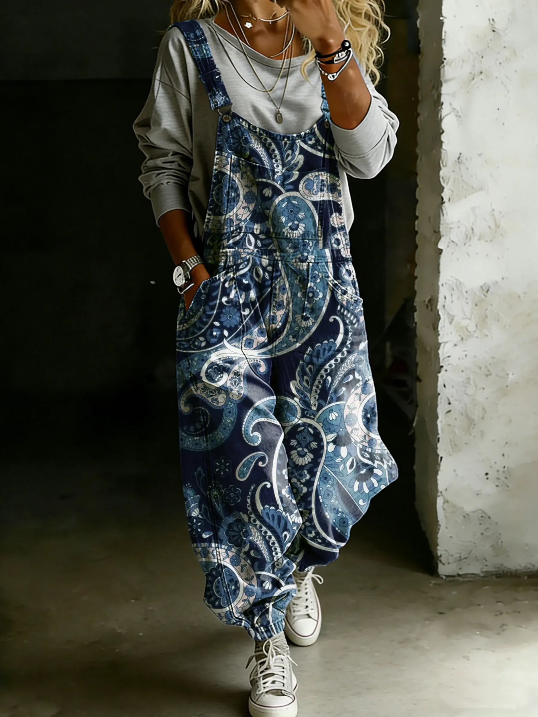 Women’s Vintage Blue Paisley Art Print Casual One Piece Denim Jumpsuit