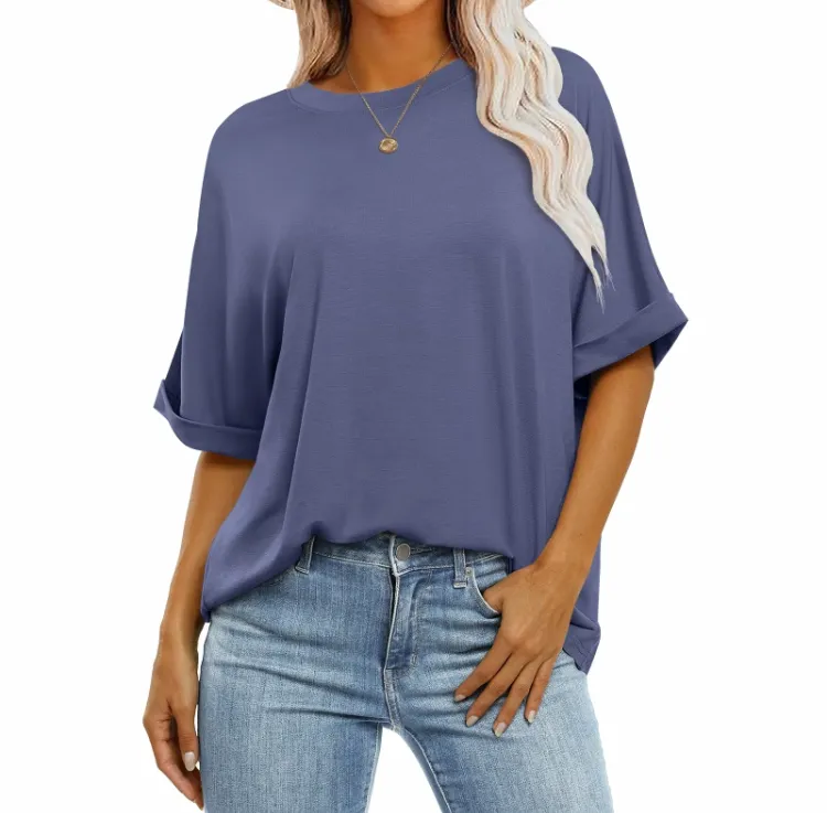 2025 Women's Oversized T-Shirt - Crewneck, Short Roll Sleeves, Relaxed Fit