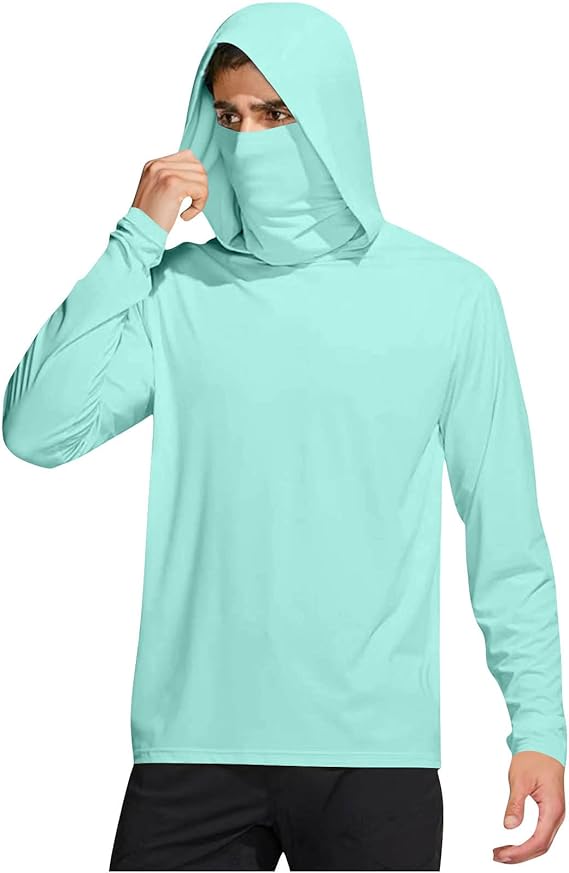 Long Sleeve Sun Shirt Men UPF 50+ Rash Guard Cooling Fishing Hoodies with Mask Casual Summer UV SPF Hiking Blouses