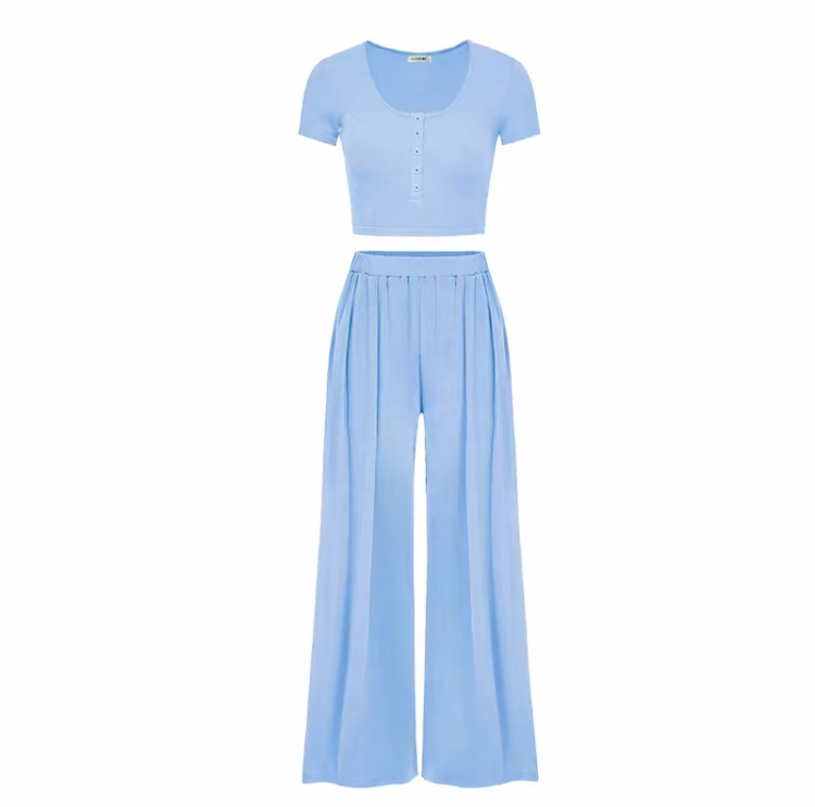 Women's Casual Co-ord Set – Slim Top & Wide Leg Pants