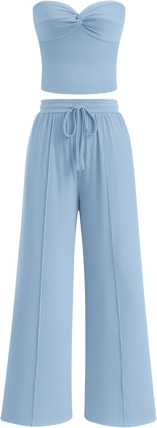 Two Piece Sets For Women Summer Ribbed Strapless Twist Knot Tube Top Pants Set Casual 2026 Beach Vacation Outfits