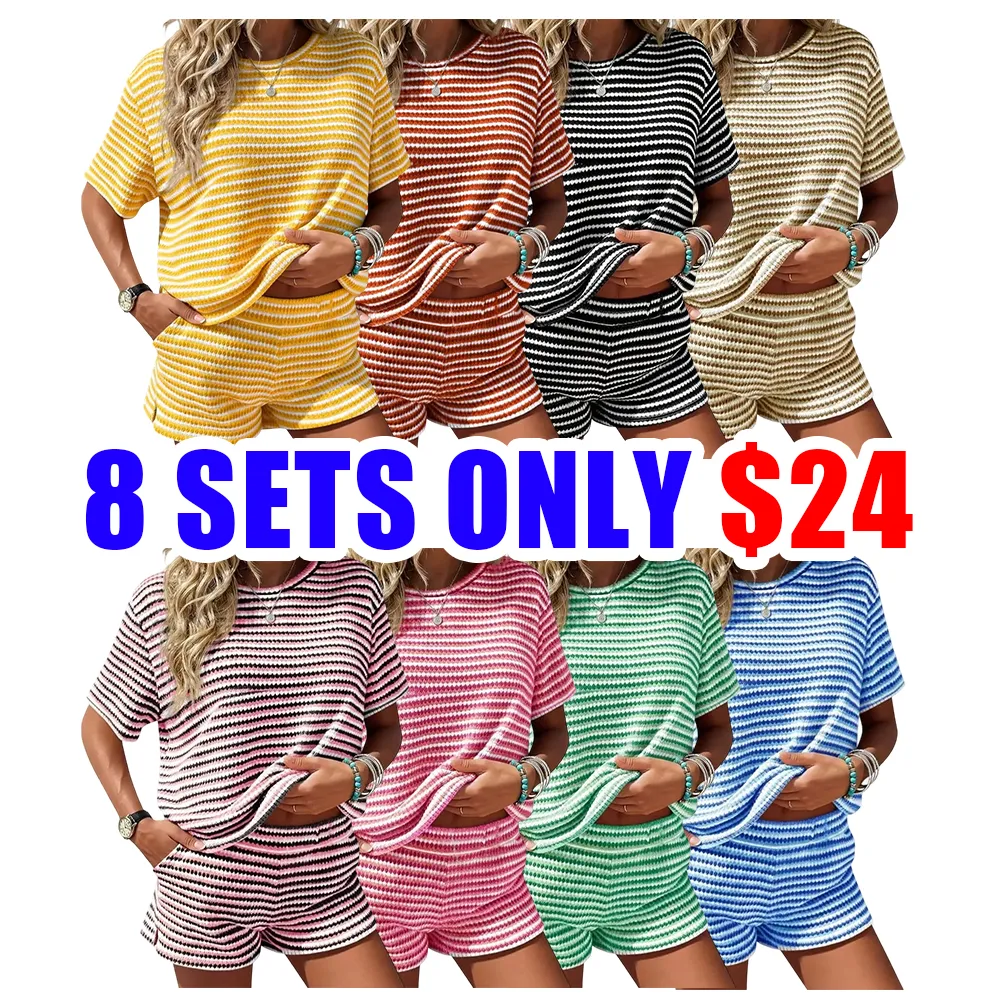 Women's Striped 2-Piece Lounge Set – Short Sleeve Top & Knit Shorts Casual Summer Outfit