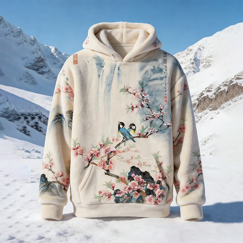 Men's Flowers And Birds Art Print Casual Flannel Hoodie