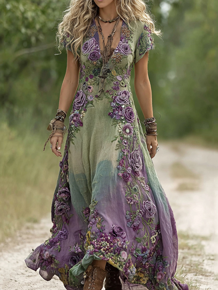Vintage Green And Purple  Lavender Patchwork And Floral Embroidered Art Linen Maxi Dress