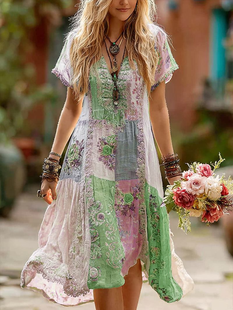 Women's Retro Floral Splicing Cotton And Linen Long Dress