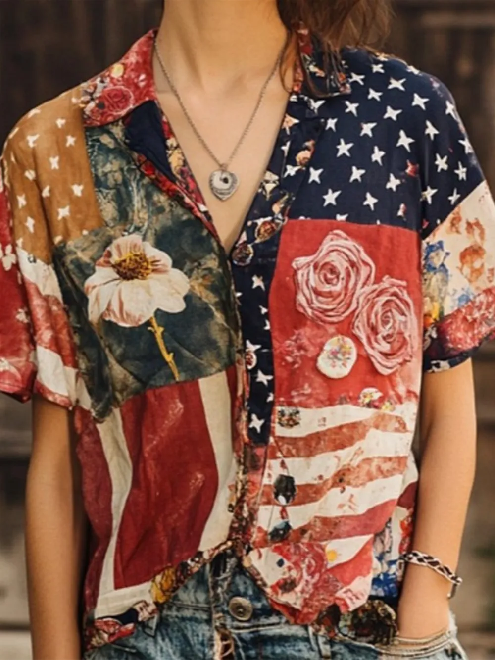 Shawl Collar Short Sleeve Independence Day (Flag) Lightweight Regular Fit Shirt For Women