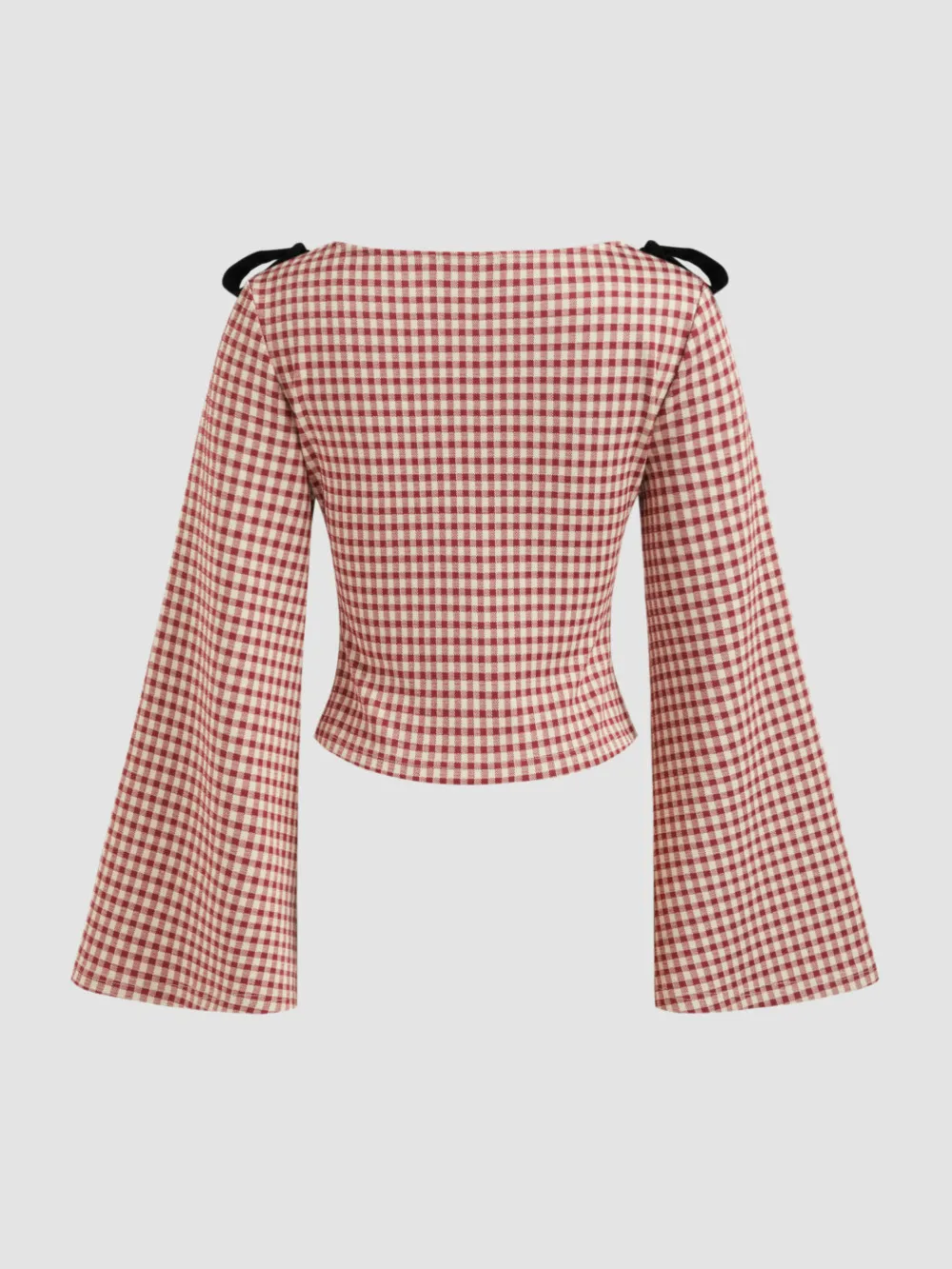 Boat Neck Gingham Bowknot Ruched Long Sleeve Top