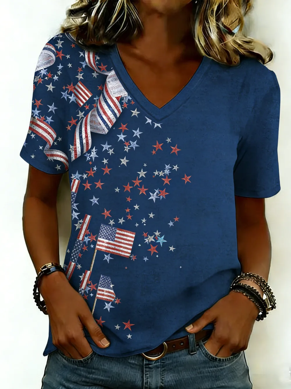 Casual Star V Neck Short Sleeve T-shirt