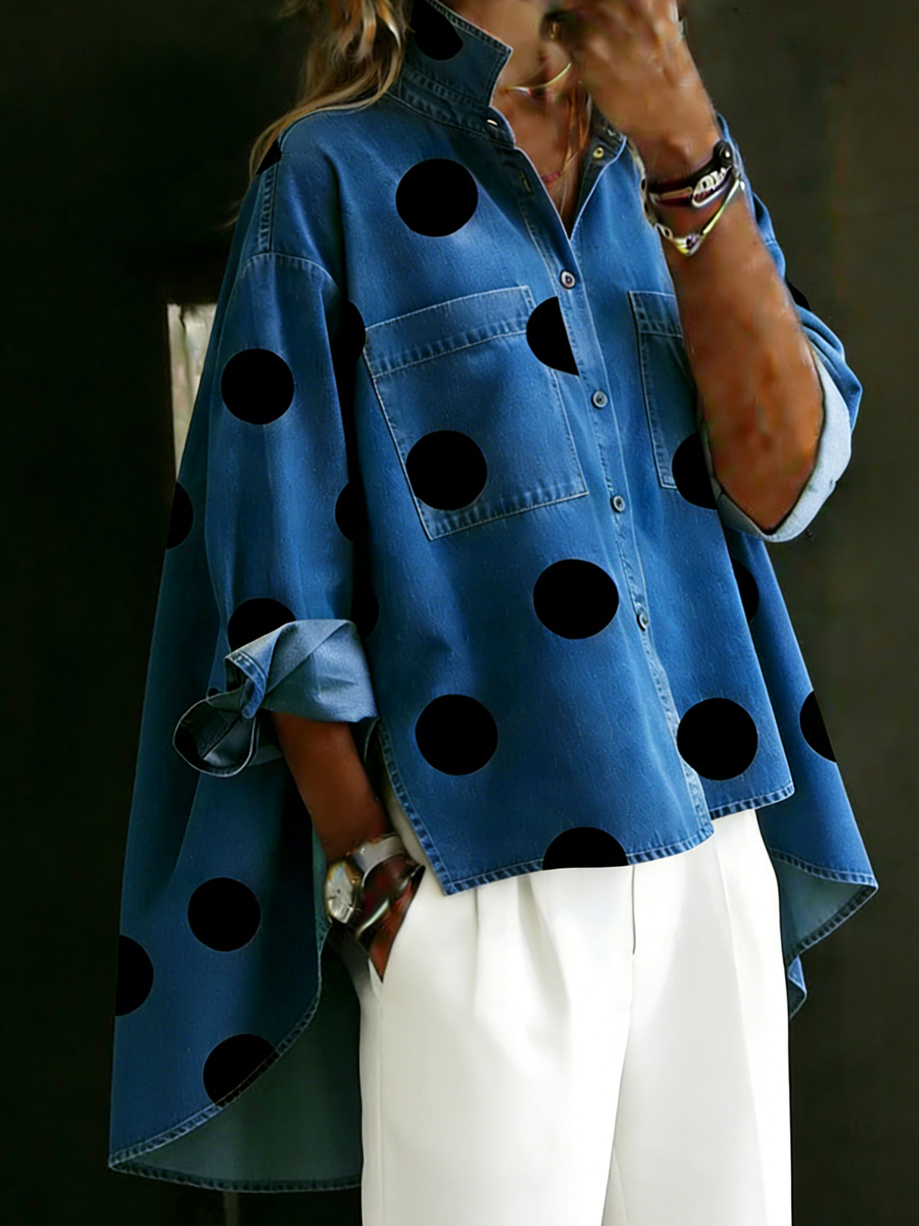 Women's Polka Dots Casual Loose Denim Blouse Shirt
